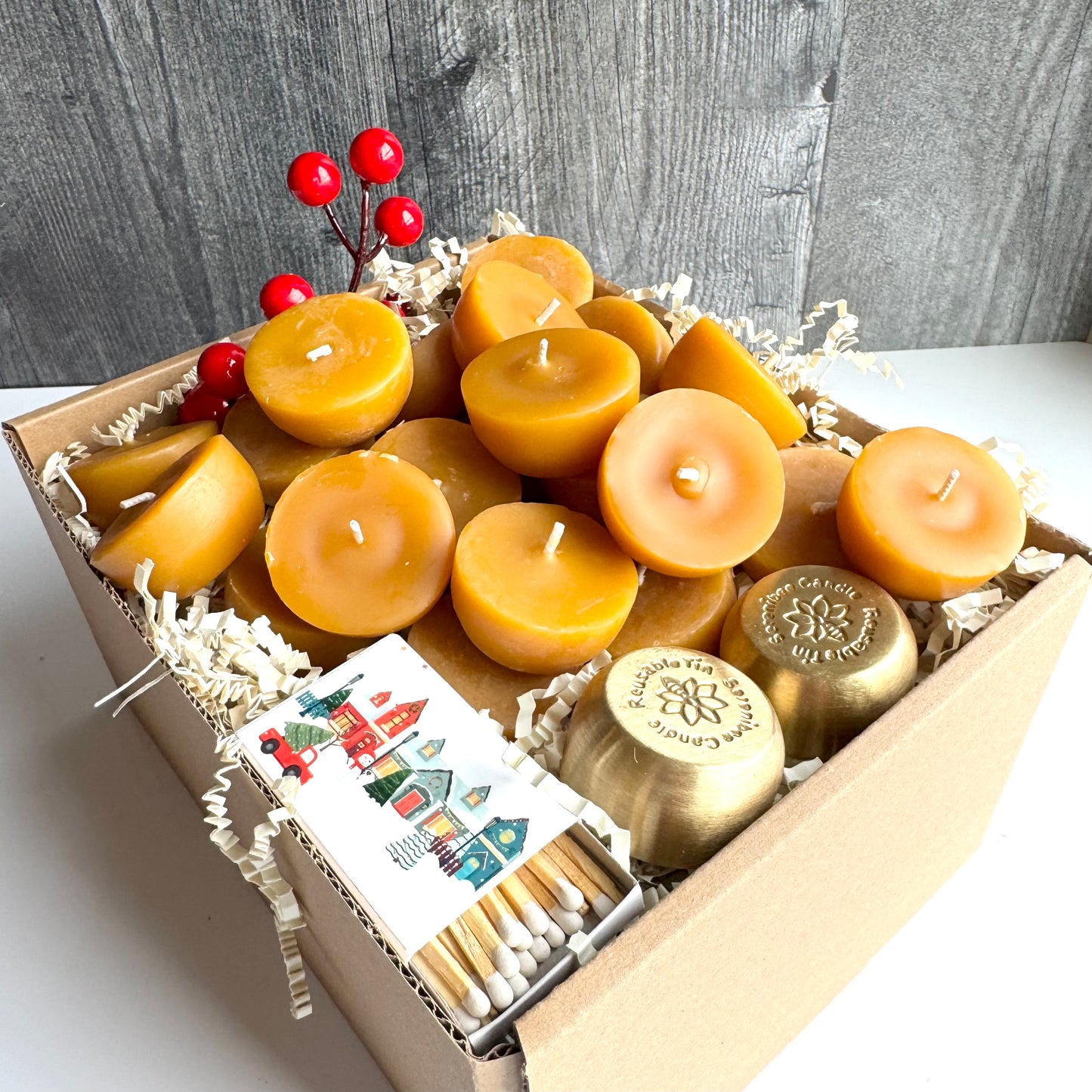 Tea Light Gift Set - 24 Beeswax Tea Lights with Two Reusable Brass Candle Holders