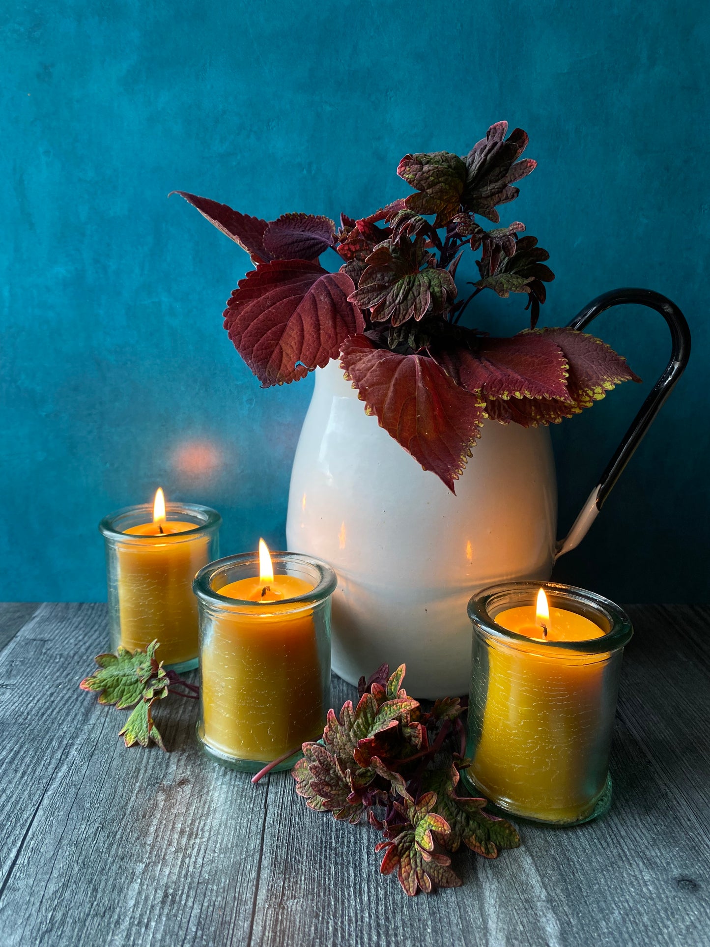 Beeswax Candle in Aqua Glass Container