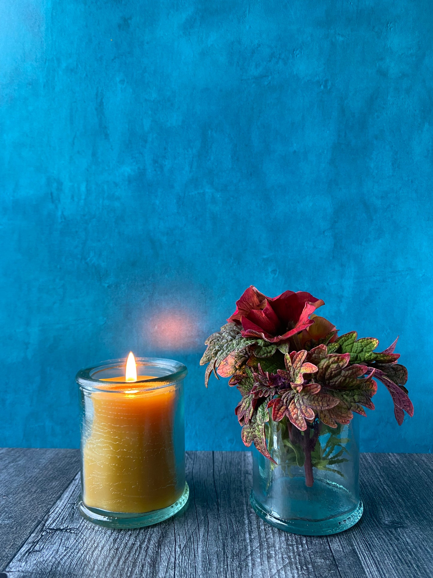 Beeswax Candle in Aqua Glass Container